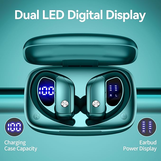 bmani Wireless Earbuds Bluetooth Headphones 48hrs Play Back Sport Earphones with LED Display Over-Ear Buds with Earhooks Built-in Mic Headset for Workout Green