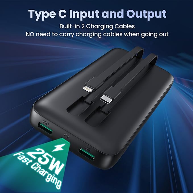 Portable Charger 40,800mAh Power Bank, 25W PD QC 4.0 Fast Charging Portable Phone Charger with Built-in Cables,LCD Display USB C Battery Pack Compatible with iPhone 16/15/14,Android Samsung (Black)
