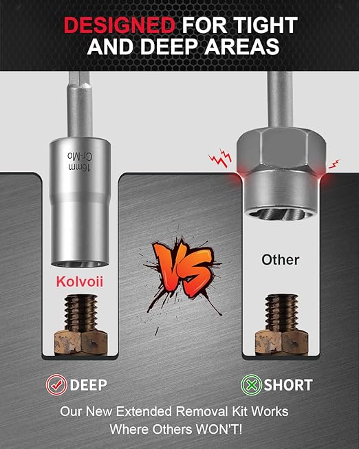 Kolvoii Deep Bolt Extractor Kit, 1/2" Drive Impact Bolt & Nut Remover Set, Lug Nut Removal Tool, 16 Pcs Stripped Extractor Socket Set for Removing Damaged, Rusted, Bolts, Nuts, Screws, 35#CR-MO