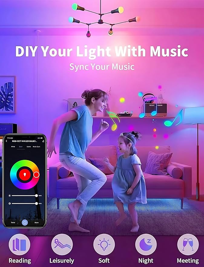 Smart LED Light Bulb, RGB+CCT, WiFi & Bluetooth Control, 16M Colors, Compatible with Alexa & Google Home, Color Changing, Music Sync, 15W, 850 Lumens