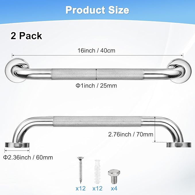 2-Pack 16 Inch Anti Slip Grab Bars for Bathtubs and Showers, Stainless Steel Safety Shower Handle for Bathroom/Toilet/Seniors/Elderly Assist Bath Handle [Chrome]