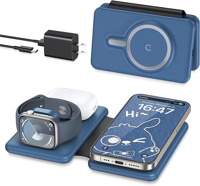 Wireless Charger iPhone - 3 in 1 Charging Station for Apple Devices for iPhone 16 15 14 13 12 Pro Max Plus - Foldable Magnetic Charging Pad for Apple Watch Series & Airpods Series