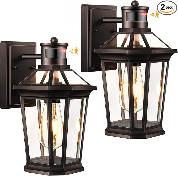 VIANIS Motion Sensor Outdoor Lights, Oil Rubbed Bronze Dusk to Dawn Outdoor Wall Lights Exterior, Waterproof Wall Lantern with Tempered Glass, Modern Outside Wall Sconce for Garage Front Porch, E26