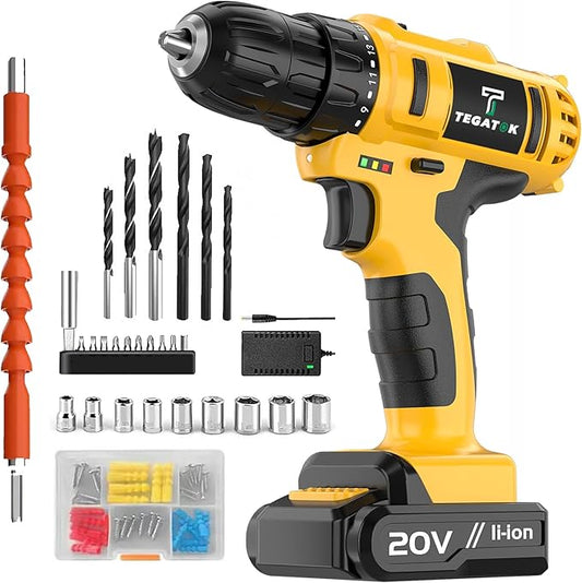 Cordless Drill Set, 3/8 Drill Handheld Screwdriver Kit with 18+1 Torque Setting, 20V Electric Drills Tools Bit, LED Electric Power Drills with Battery and Charger, Yellow