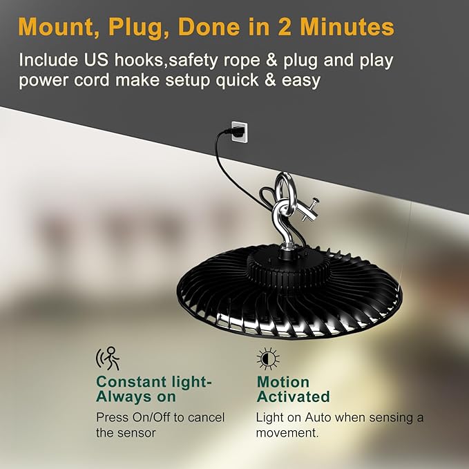 Smart 350W LED High Bay Light Motion Sensor, 48000lm (Eqv.1200W MH/HPS) Commercial Bay Lights AC100-277V High Bay LED Shop Light (Remote Buy Separately) 4Pack