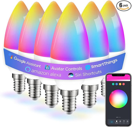 6 Pack E12 Smart Bulbs, Alexa WiFi Candelabra Smart Light Bulbs 5W 2700K-6500K Color Changing Dimmable RGBCW, Music Timer Ceiling Fan Smart B11 Candle Base Small LED Light Bulb, 2.4GHz WiFi