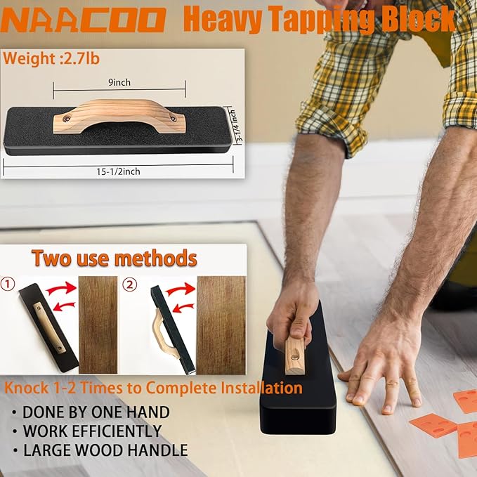Laminate/Vinyl Flooring Tools, NAACOO Heavy Tapping Block for Vinyl Plank Floor, Heavy Pull Bar, 10”Contour Gauge, 40pc Flooring Spacers, Rubber Mallet - 5 in 1 Floor Installation Kit