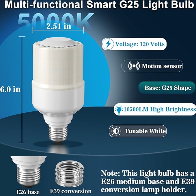NS 2 Pieces 70W G25 LED Bulbs 10500LM [1-Set] – Motion Sensor + Dusk-to-Dawn, E26/E39 Base, 35K Hours, 90 CRI, ETL/FCC Certified | Non-Dimmable | Beam Angle: 360° | Dimensions: 2.51” (W) x 6” (H)
