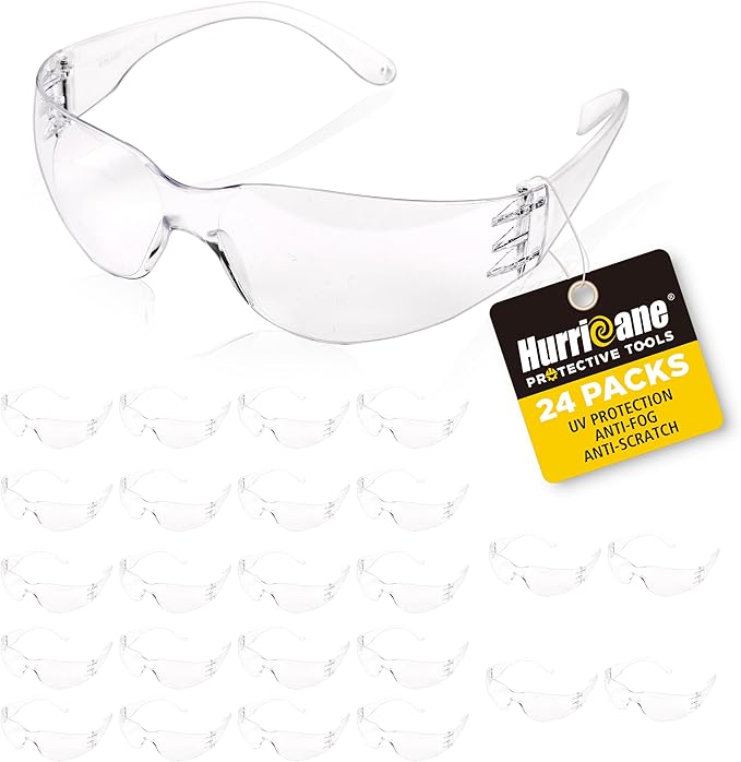 HURRICANE Clear Safety Glasses - 24 Pc Safety Goggles with Clear Lens, 98% UV380 blocking, Scratch Impact Resistance Wrap Around Eyewear for Work, Lab, Construction Use
