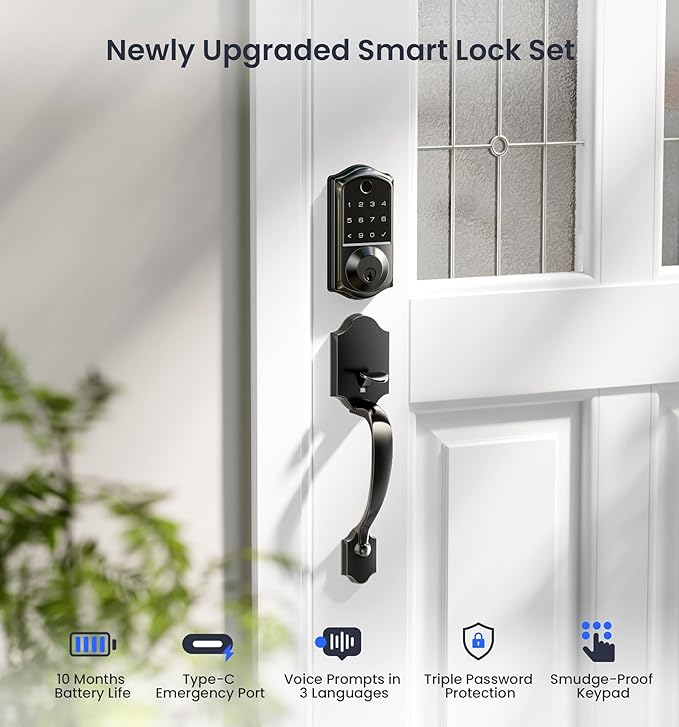 Veise VE017-H Fingerprint Smart Front Door Lock Set, App Control, Keyless Entry Deadbolt with Handle, Smart Deadbolt, Emergency Power Port, Touchscreen Keypad, Auto Lock, Easy Install, Matte Black