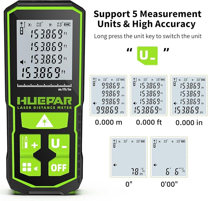 Huepar Professional Green Laser Measuring Tool 196ft, Digital Rechargeable Laser Distance Meter with Angle Sensor, 1/16in Accuracy, M/in/Ft Unit, Pythagorean Mode, Measure Distance, Area, Volume