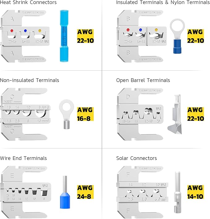 Haisstronica 8PCS Rapid Replace Ratchet Crimping Tool Set with Pressure Regulating, Automatic Wire Stripper Heat Shrink, Non-Insulated, Open Barrel, Solar, Ferrule Connectors