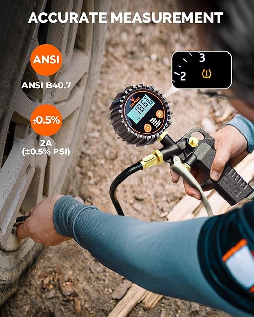 ETENWOLF T500 Digital Tire Pressure Gauge with Inflator, Tire Gauge 0-250 PSI, Calibrated to ANSI B40.7 Grade 2A, Air Chuck & Compressor Accessories with Storage Bag, Black