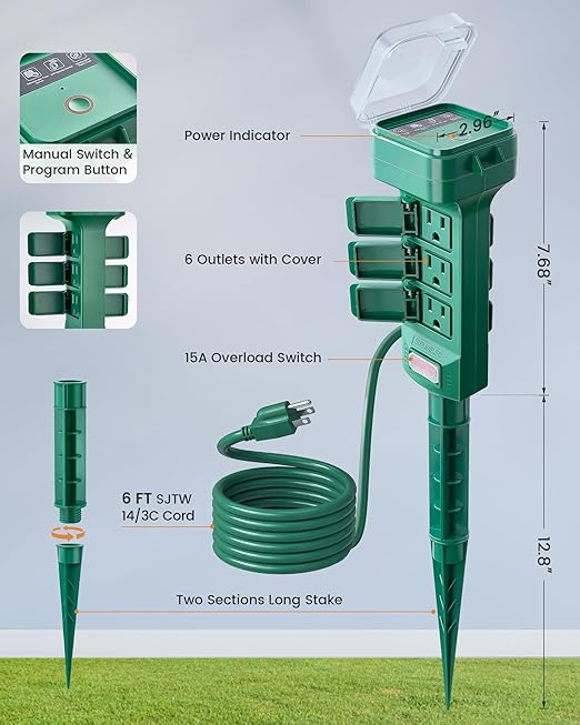 SURAIELEC Outdoor Smart Plug, WiFi Power Stake Light Timer with 6 Outlet, 6FT Extension Cord, Electrical Weatherproof for Patio Lights, Christmas Decorations, Compatible with Alexa/Google Assistant