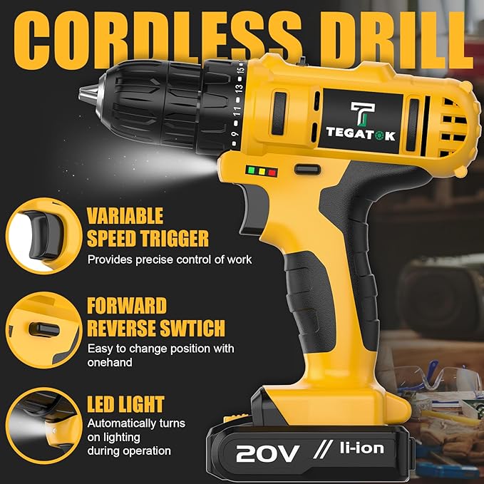 Cordless Drill Set, 3/8 Drill Handheld Screwdriver Kit with 18+1 Torque Setting, 20V Electric Drills Tools Bit, LED Electric Power Drills with Battery and Charger, Yellow