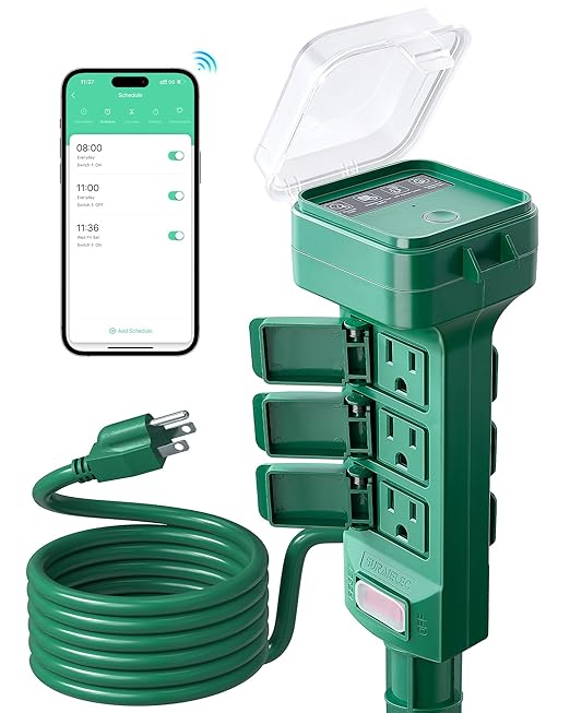 SURAIELEC Outdoor Smart Plug, WiFi Power Stake Light Timer with 6 Outlet, 6FT Extension Cord, Electrical Weatherproof for Patio Lights, Christmas Decorations, Compatible with Alexa/Google Assistant