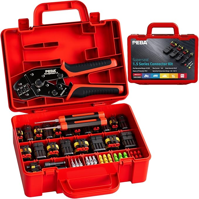 PEBA Crimping Tool Kit, Automotive Electrical Wire Connector Plug Kit 1/2/3/4 Pin Connectors, with Ratchet Crimping Tool 22-14 AWG, 2 Removal Tool | Waterproof Car Electrical Connector Terminals Kit