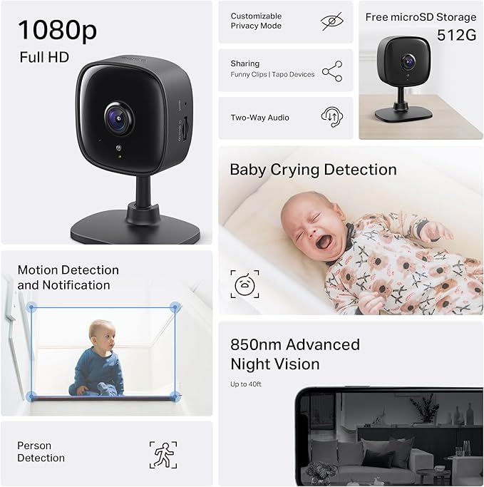 Tapo by TP-Link 1080P Indoor Security Camera for Baby Monitor, Pet Camera w/Motion Detection, 2-Way Audio, Night Vision, Cloud & SD Card Storage, Works w/Alexa & Google Home, Black, C101