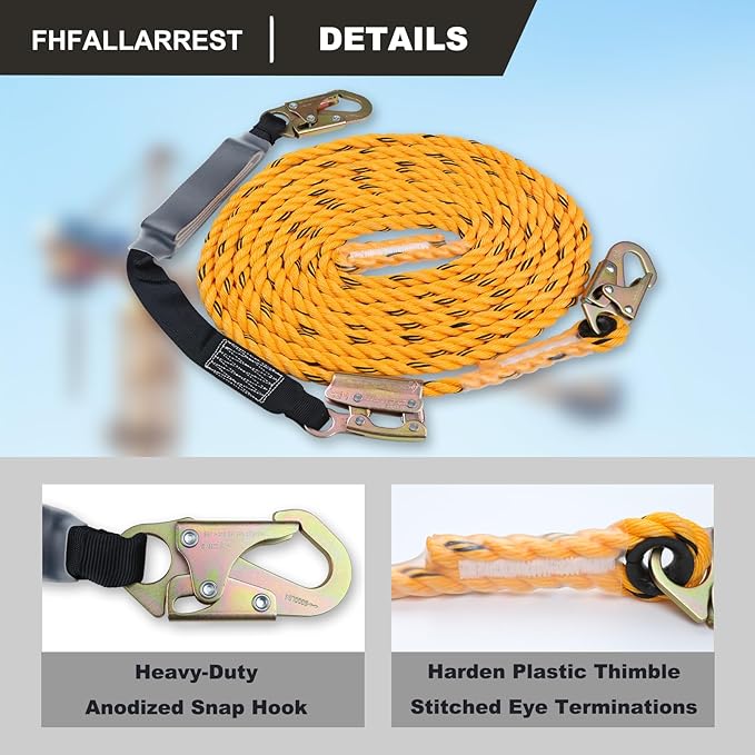 50ft Vertical Lifeline Assembly with Shock Absorber,Fall Protection Safety Rope for Roofing,OSHA ANSI Compliant