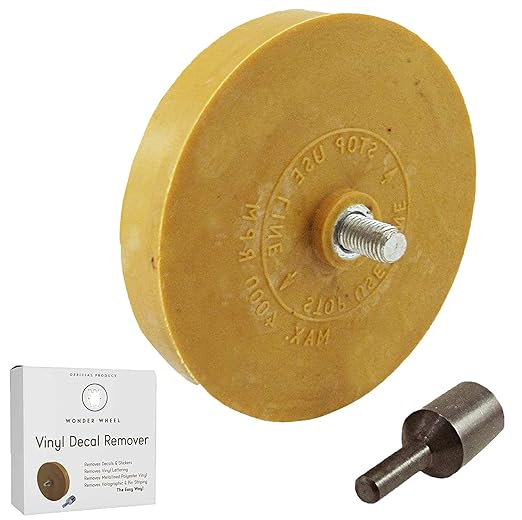 Wonder Wheel Adhesive Remover and Car Decals Eraser Kit - 4-Inch Rubber Wheel for Removing Stickers, Decals, and Vinyl - Ideal for Vehicles, Drill Adapter Included