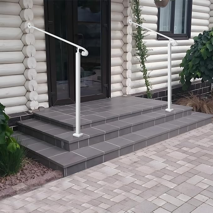 Adjustable Handrail 1-2 Step, Wall&Floor Mounted Wrought Iron Handrails, Handrails for Outdoor Steps, Stair Rail with Installation Kit Hand Rail, White