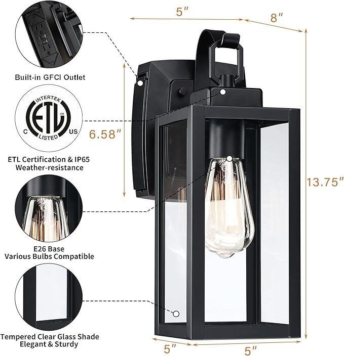 Pia Ricco Outdoor Porch Lights with GFCI Outlet, Matte Black Outside Wall Lantern with Clear Glass Shade, Waterproof Wall Mount Lighting Fixture, Exterior Sconce for House Patio Garage, ETL Listed