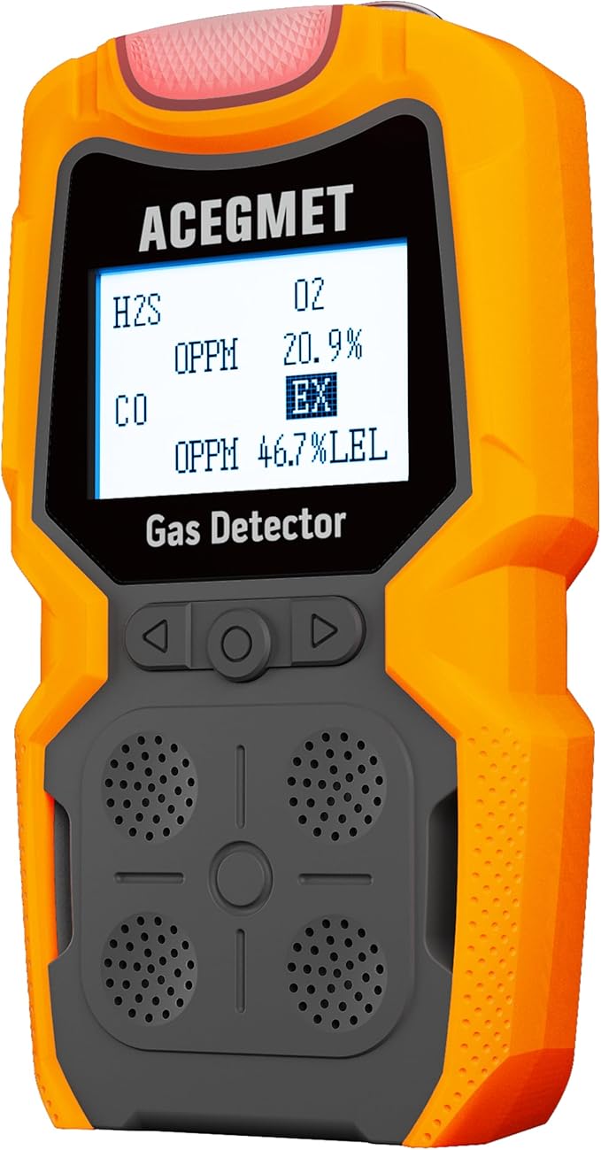 ACEGMET Gas Detector, 4 Gas Monitor Multiple Indicator (Vibration, Audible, Visual) H2S, O2, CO and LEL 4 Gas Monitor Personal Rechargeable 4 Gas Meter 2 Years of Sensor Life Gas Sniffer