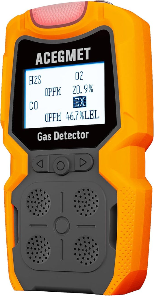 ACEGMET Gas Detector, 4 Gas Monitor Multiple Indicator (Vibration, Audible, Visual) H2S, O2, CO and LEL 4 Gas Monitor Personal Rechargeable 4 Gas Meter 2 Years of Sensor Life Gas Sniffer