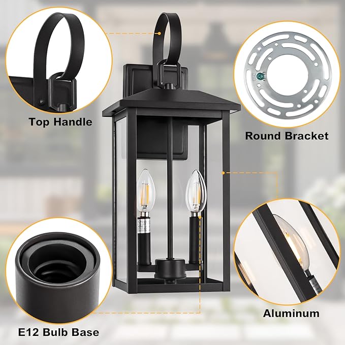18" Large Black Outdoor Wall Light Fixture, 2-Light Waterproof ETL Listed Outdoor Wall Lamp with Clear Glass, E12 Socket, Aluminum Outside Garage Light Lantern for House, Porch, Patio, Garage