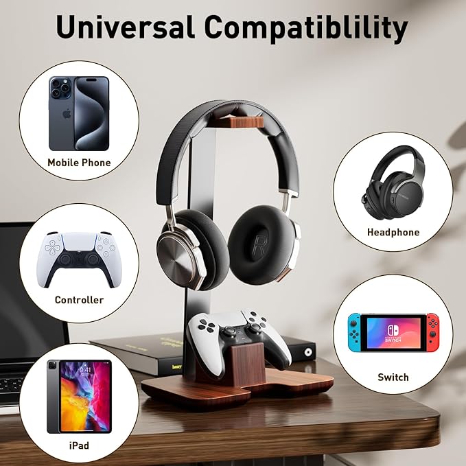 Controller Stand Wood Headphone Stand for Desk Gaming Desk Accessories Controller Holder for Gaming Equipment Headset Holder