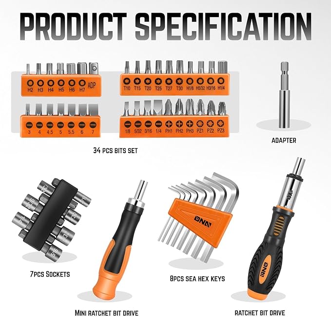 DNA Motoring TOOLS-00039 General Hand Tool Kit with Multi-Bit Screwdriver Hex Keys, Wrench - Orange/Black Flat Head Tool Set
