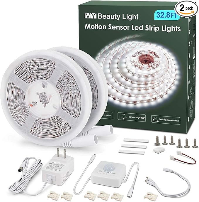 MY BEAUTY LIGHT Motion Activated LED Strip Lights, 32.8ft LED Light Strip with Day or Night 2 Lighting Modes,3 Timing Off Modes,Bright White 12v Plug-in LED Rope Lights for Bedroom,Kitchen,Stair,Room