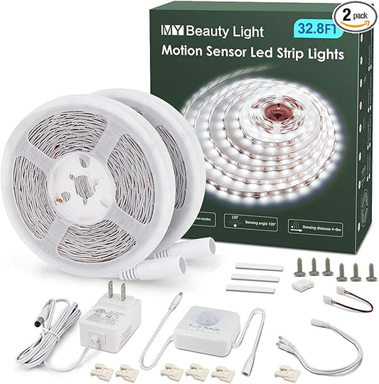 MY BEAUTY LIGHT Motion Activated LED Strip Lights, 32.8ft LED Light Strip with Day or Night 2 Lighting Modes,3 Timing Off Modes,Bright White 12v Plug-in LED Rope Lights for Bedroom,Kitchen,Stair,Room