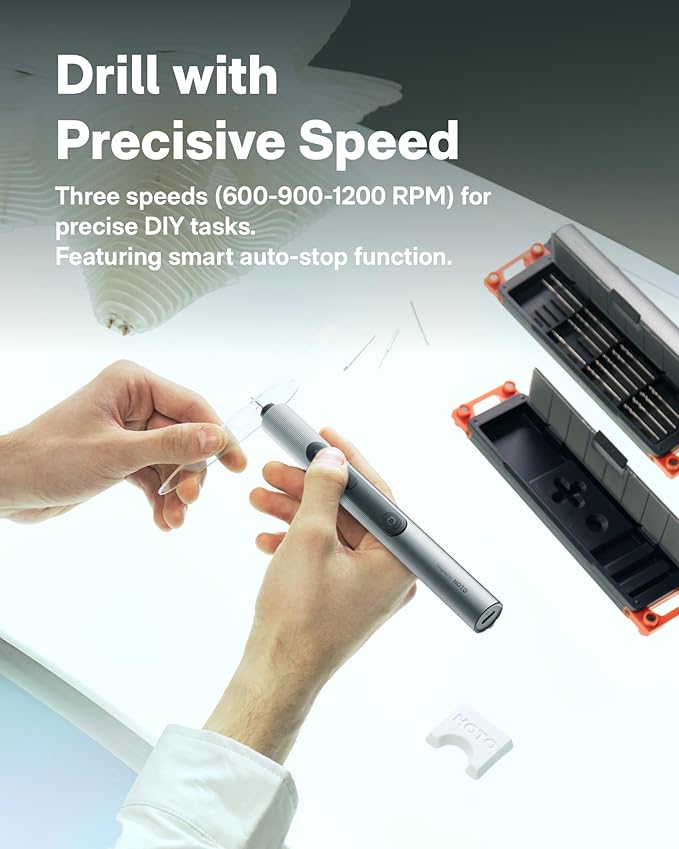HOTO SNAPBLOQ™ D-A03 Electric Mini Drill Pen with 20 Bits, Brushless Motor, 3-Speed USB-C Rechargeable Electric Hand Drill, Power Tool for PCB, Jewelry Making, Wood, Plastic, DIY, 3D Printer