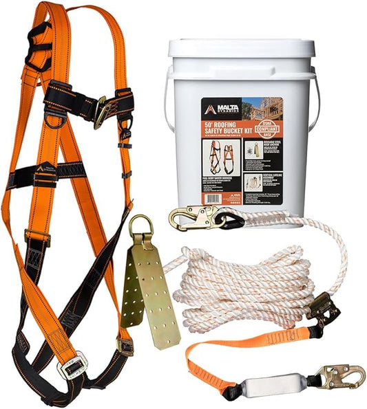 Malta Dynamics 50’ Roofer's Safety Bucket Kit – Warthog Pass-Thru Safety Harness, Reusable Roof Anchor, and 50’ Vertical Lifeline Assembly, OSHA/ANSI Compliant
