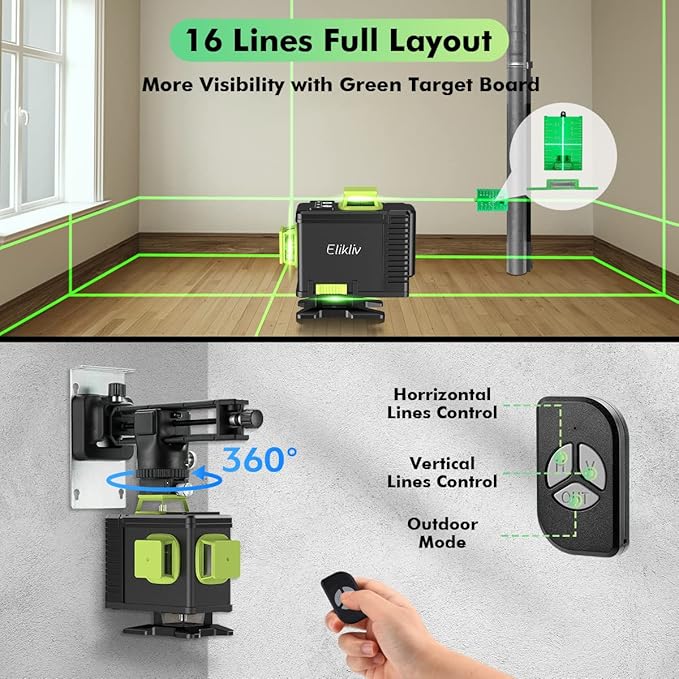 Laser Level Self Leveling - Elikliv Outdoor Robust Indoors 4D Green Cross Line Laser Level 4x360 Horizontal Vertical Dual-beam Lasers 200ft for DIY (4D Laser Level All-Inclusive KIT)