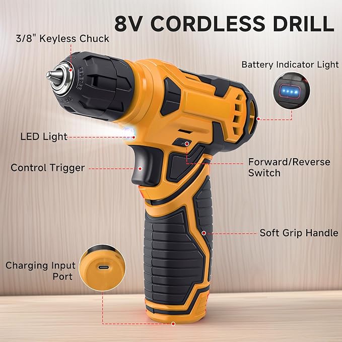 Tool Set - Tool Kit with 8V Cordless Drill, 132 Piece Tool Box with Drill, Home Tool Kits for Men & Women, Hand Drill Set Perfect for Homeowner, Diyer, Handyman-Yellow