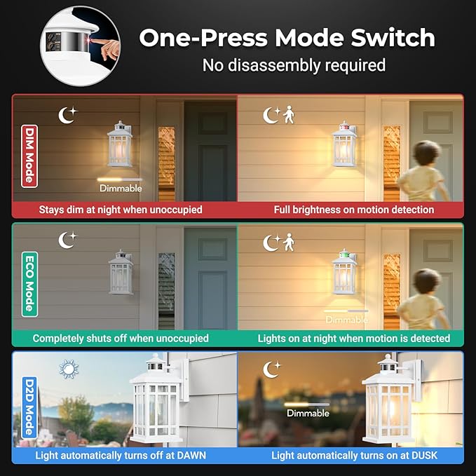 White Motion Sensor Outdoor Lights, 2-Pack Modern Dusk to Dawn Outside Light with 4 Modes, Exterior Lighting Fixtures for House, Entry, Porch, Patio, Garage, Brightness Distance Adjustable