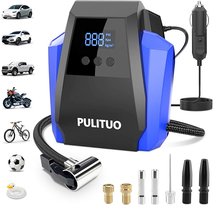 PULITUO Tire Inflator Portable Air Compressor - Car Accessories 12V DC Air Pump for Car Tires with Digital Pressure Gauge, Emergency LED Light for Wheel, Bike, Ball, Motor