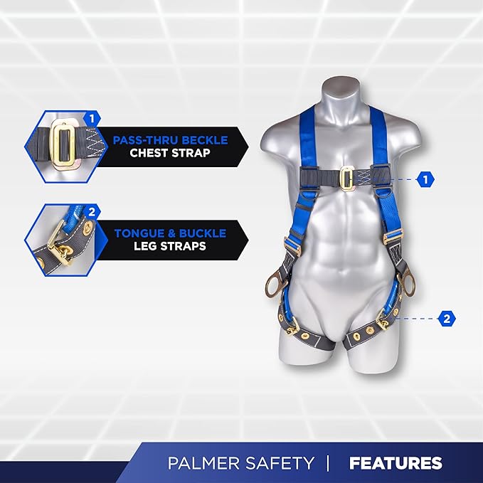 Palmer Safety Full Body Harness 5pt Adjustment, 3D-Ring, Grommet Legs, and Fall Indicators