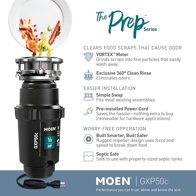 Moen Prep Series PRO 1/2 HP Continuous Feed Compact Garbage Disposal, Power Cord Included, GXP50C (Pack of 2)