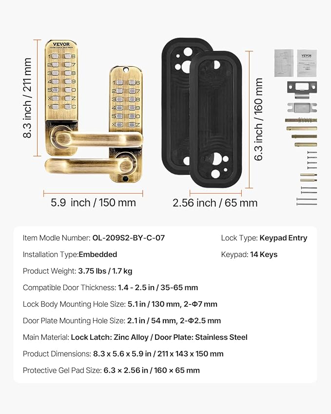 VEVOR Mechanical Keyless Entry Door Lock, 14 Keys, Mechanical Keypad with Handle, Double-Sided Stainless Steel Waterproof Keyless Gate Lock, for Home Office Fence Garage