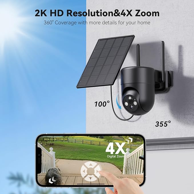 Solar Camera Outdoor Wireless for Home Security, 360°Panoramic View, Outdoor Camera Wireless, 2K HD Color Night Vision, 2.4GHz Wi-Fi, IP65, 2pack