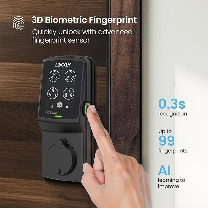 Lockly Secure Pro Deadbolt, Wi-Fi Smart Lock, Keyless Entry Door Lock, Smart Locks for Any Doors, PIN Genie® Keypad, 3D Biometric Fingerprint Sensor, Auto Lock, Rekeying Capability - Matte Black