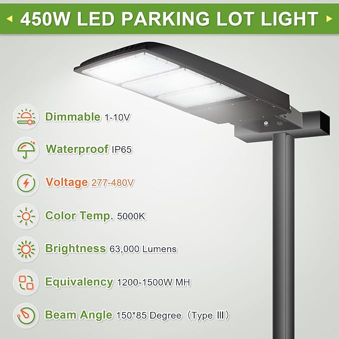 480V 450W LED Parking Lot Light, 277-480VAC Built-in Surge Protection, 1-10V Dimmable, 1000-1500W MH Equiv LED Shoebox Street Area Light, 63,000LM 5000K DLC & UL Certified