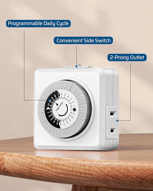 DEWENWILS Indoor Timers for Electrical Outlets, 24 Hour Cycle Plug-in Mechanical Timer, 30-Minute Intervals, 1 Polarized Outlet, for Christmas Lights, Room Lights, ETL Listed, 2 Pack