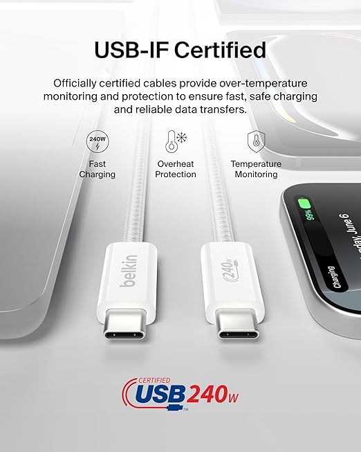 Belkin USB C to USB C Cable, 6.6ft, 240W - Type C Charger, iPhone Charger Cord, Soft, Braided, Flexible for iPhone 16, Galaxy S25, Pixel 9, MacBook, Chromebook, iPad Pro, Switch Steam Deck – White