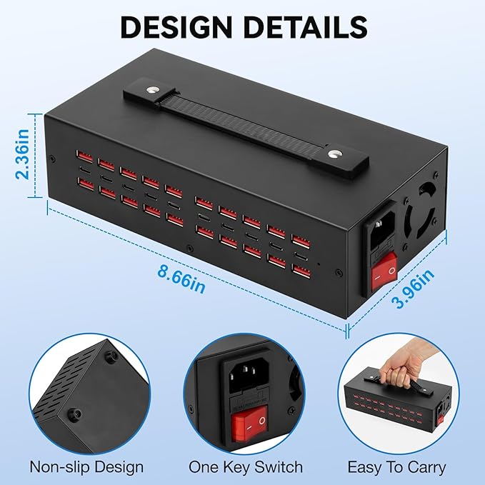 Portable USB~C Charger Block, 250W(30A) 30 Port (20 A & 10 C Port) Home Fast Charging Station for Multiple Devices, Desktop USB Wall Charger Compatible with iPhone, iPad, Kindle, Tablets, Watch