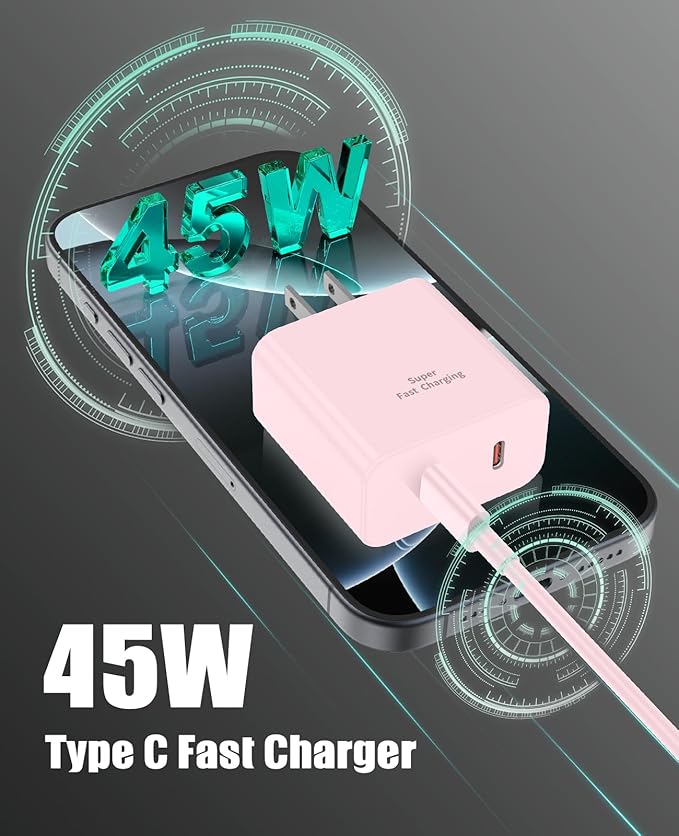 2 Pack 45W Super Fast Charger Type C for Samsung, USB C Android Phone Charger Fast Charging Block with 6FT/10FT Type C Charger Cord for Samsung Galaxy S25/S24/S23/S22+ Ultra/iPhone 17/16/15-Pink