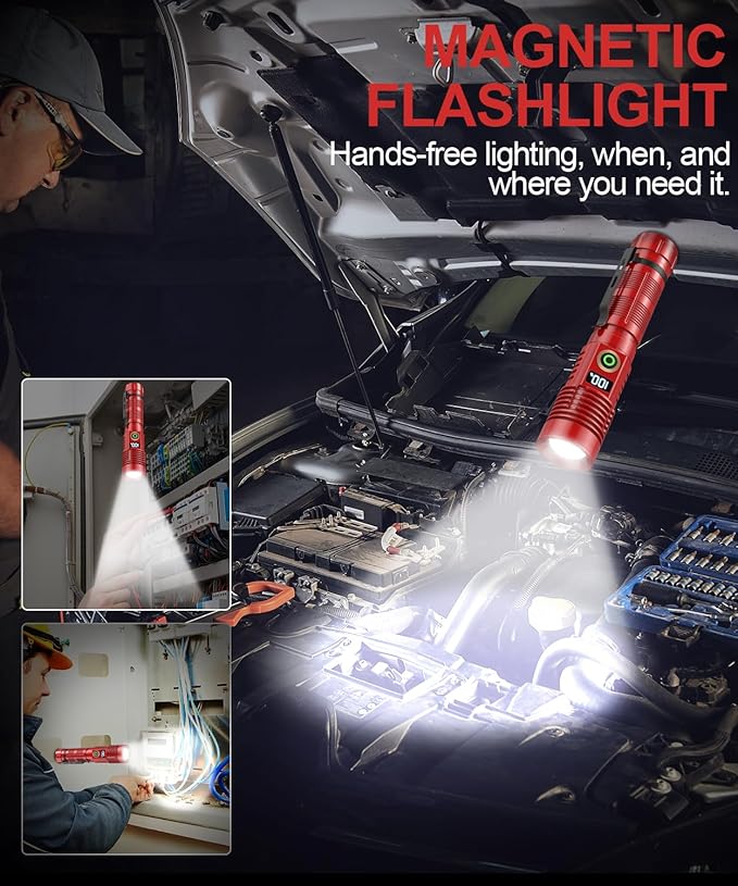 Rechargeable Flashlight High Lumens- Super Bright Magnetic Flash Light with Power Digital Display, Long Range,Dimmable,Waterproof,Pocket Tactical LED Flashlights for Emergency,Red 1PC